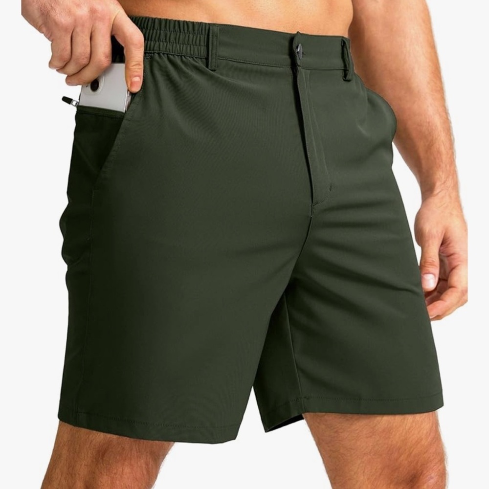 NWT, Pudolla Men's Casual Shorts 7" Lightweight Golf‎ Shorts, Army green, XL